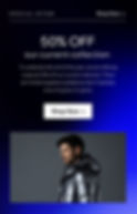 image of clothing website with a header and text plus a shop now button beneath it on a blue/black background. At the bottom is an image of a person facing to the left wearing a silver jacket on a grey background.